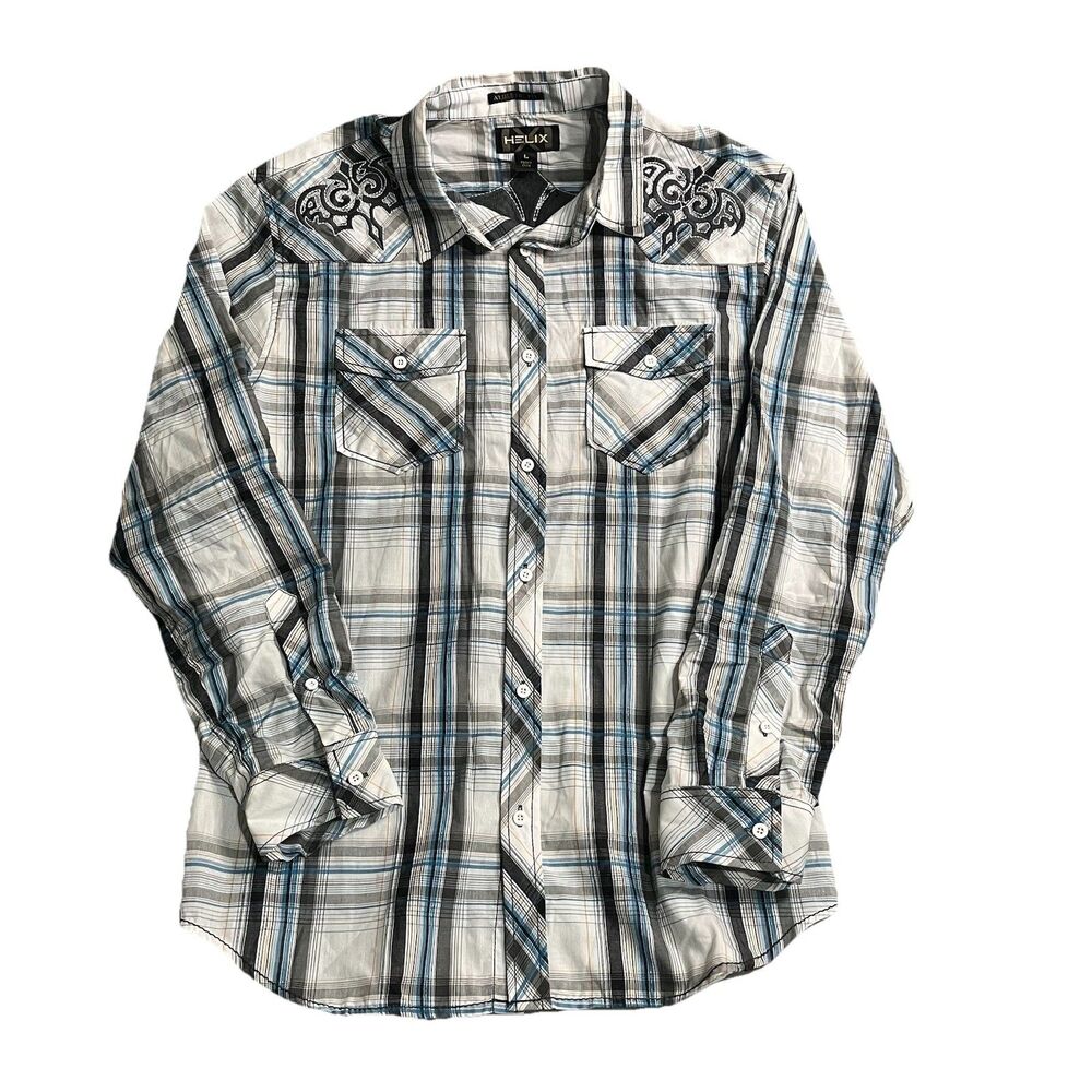 Helix Shirt Men L Blue Gray Plaid Embroidered Biker Athletic Fit Button Up Shirt